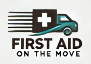 First Aid on the Move logo featuring a stylized teal and black mobile van with a white medical cross on a black box, symbolizing fast and accessible First Aid and CPR training.