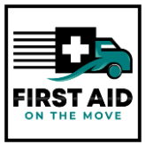 A teal-themed logo for "First Aid on the Move," featuring a Ford Transit van with medical graphics, a medical cross, and motion elements to represent mobility. The bottom half includes the business name in a clean, modern design for easy recognition. 🚑🚐