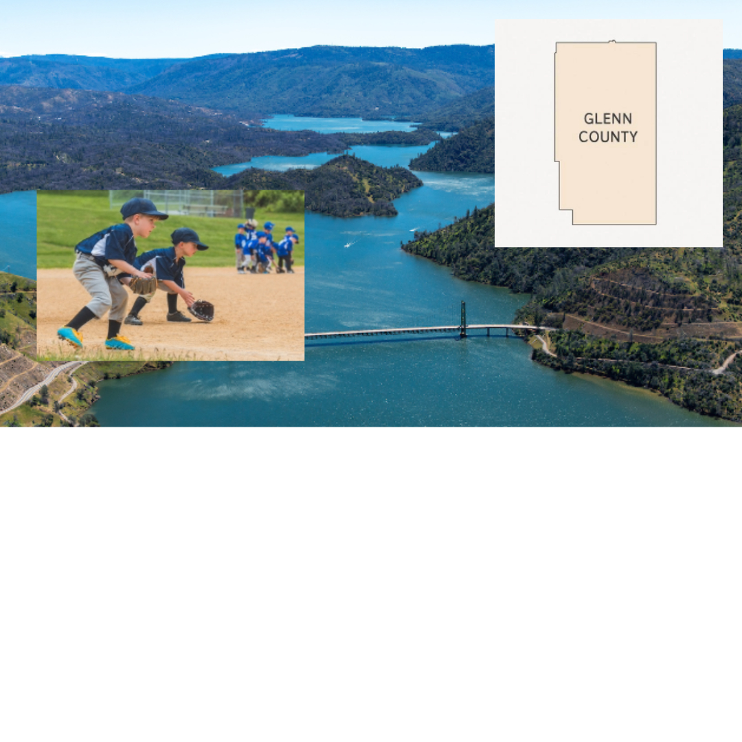 Lake Oroville with Glenn County map and youth baseball overlay—First Aid and CPR training available for youth sports and community groups in Glenn County, California.