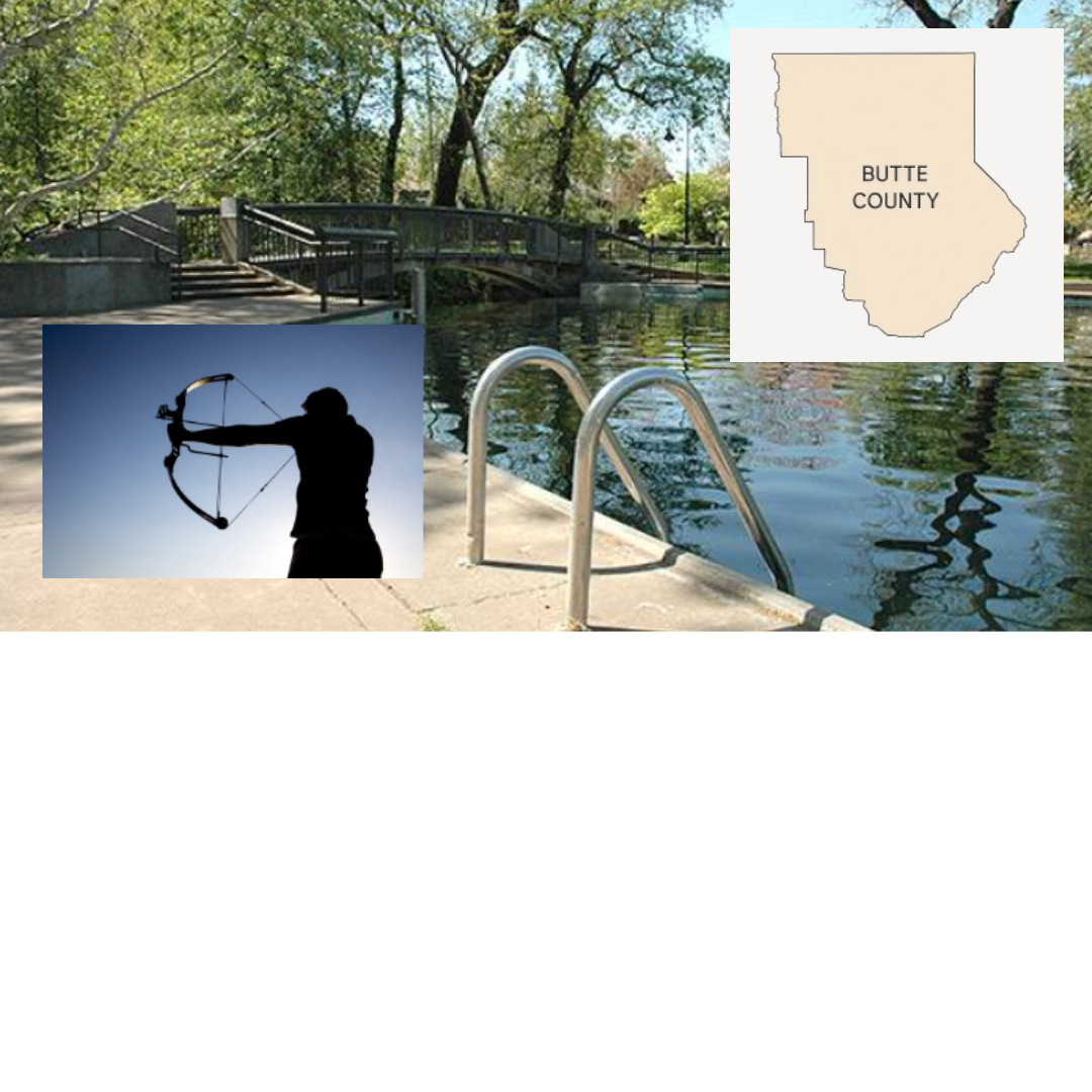One Mile Park in Chico, Butte County with map outline, archery silhouette, and swimming area—CPR and First Aid training available for outdoor programs, youth activities, and community organizations in Butte County, California.