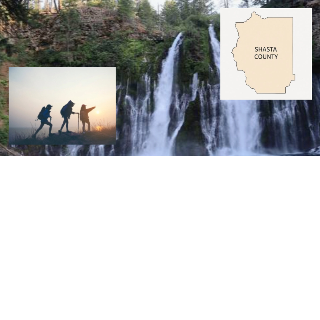 Burney Falls in Shasta County with hikers silhouette and county map overlay—CPR and First Aid training available for outdoor groups, hiking clubs, and community organizations in Shasta County, California.