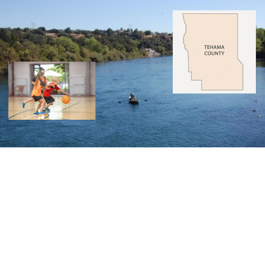 Map of Tehama County overlaid on a scenic river backdrop with kids playing basketball in a gym—representing local CPR and First Aid training opportunities for schools and community programs in Tehama County.
