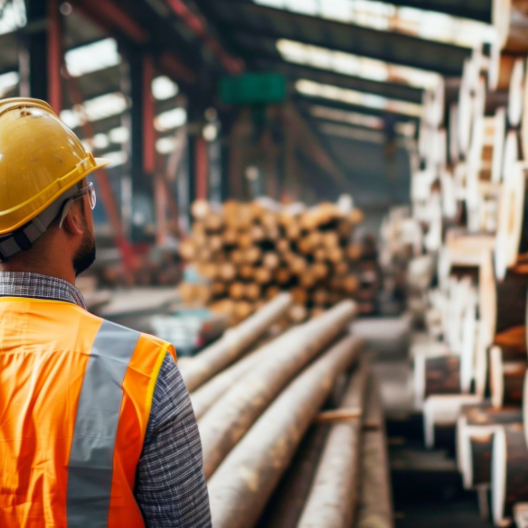 A worker wearing a hard hat and safety gear operates a woodworking machine in an industrial setting. Promoting safety in workplaces through proper training and precautions.
