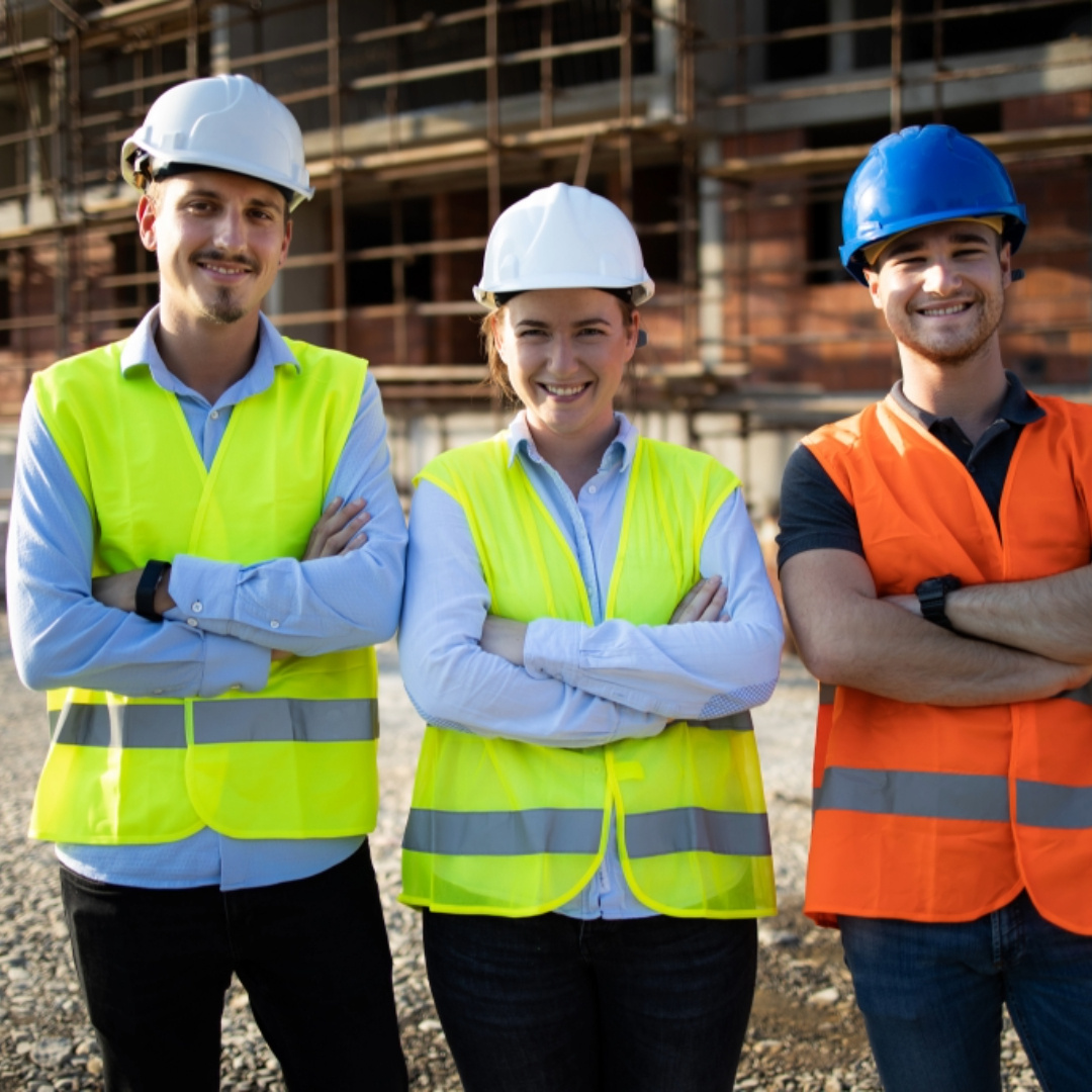 Three construction workers in safety gear, smiling confidently at a job site. Promoting workplace First Aid and CPR training to ensure safety, preparedness, and certification for employees.